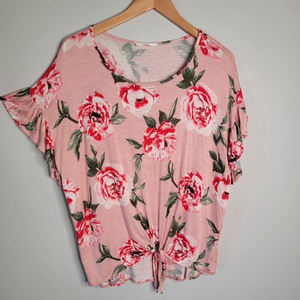 Pink Floral Boho Tie Boxy Top S Oversized Tropical Elegant Romantic Cottage USA